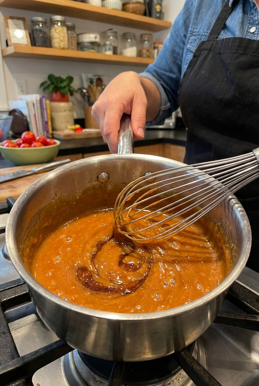 A small saucepan of glossy caramel being whisked with miso on a stovetop