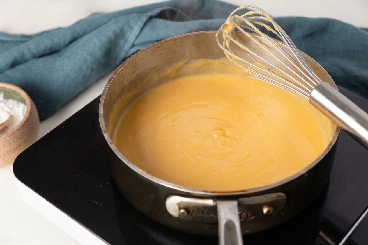 A small saucepan of glossy cheddar cheese sauce on a stovetop, with a whisk resting on the rim and steam rising in a cozy home kitchen