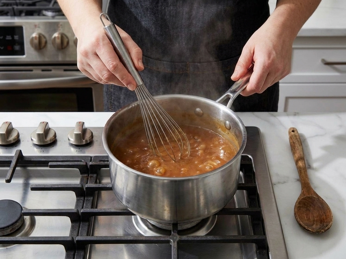 A small saucepan of glossy chicken gravy being whisked on a stovetop with a wooden spoon nearby
