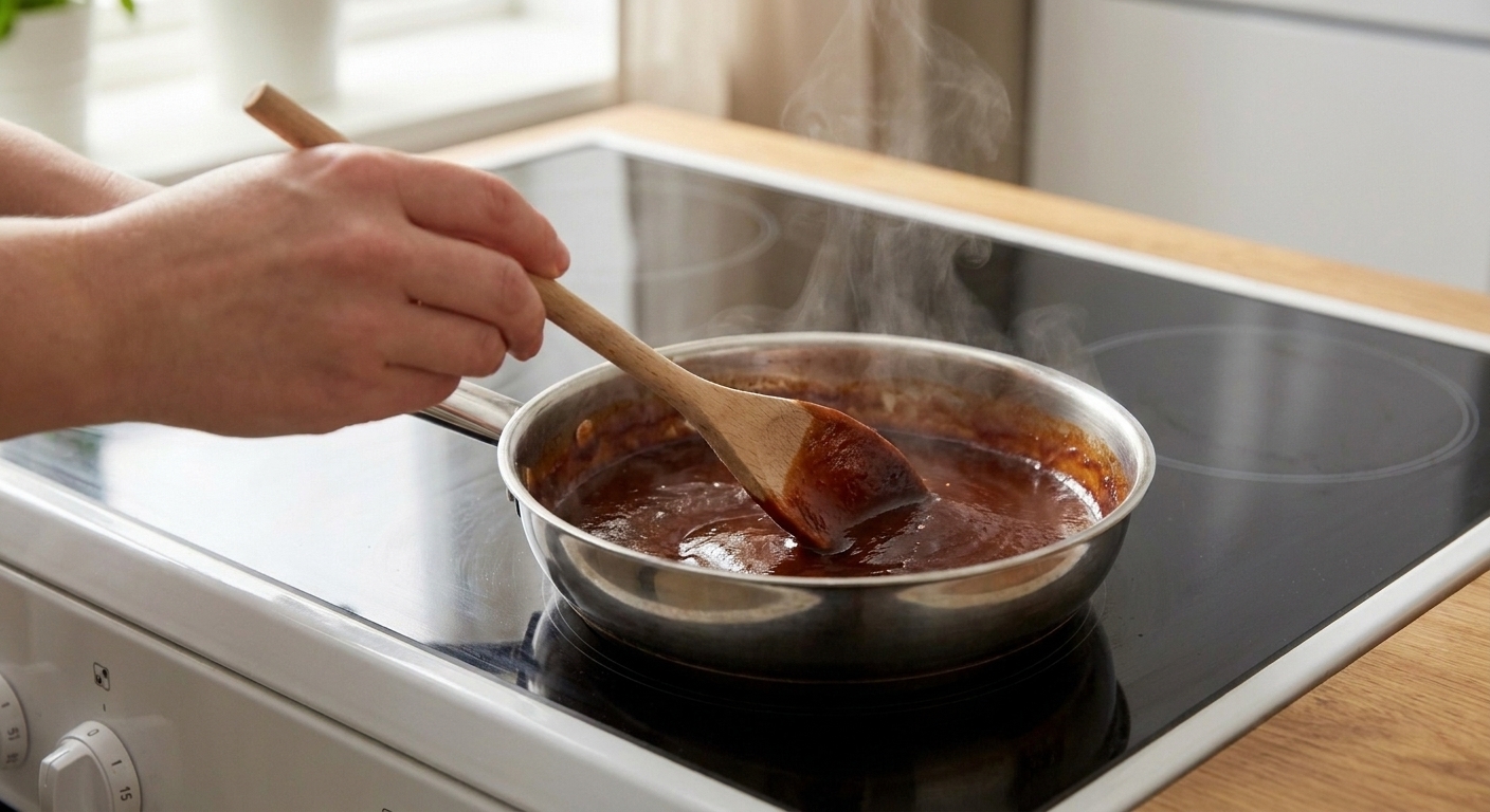 A small saucepan of glossy homemade BBQ sauce being stirred with a wooden spoon on a stovetop, with gentle steam rising