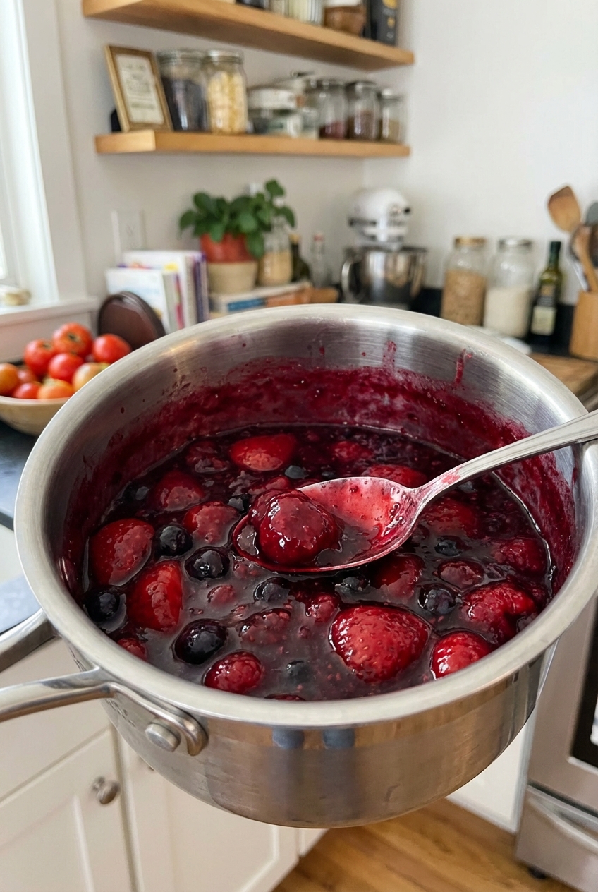 A small saucepan of glossy mixed berry compote with a spoon