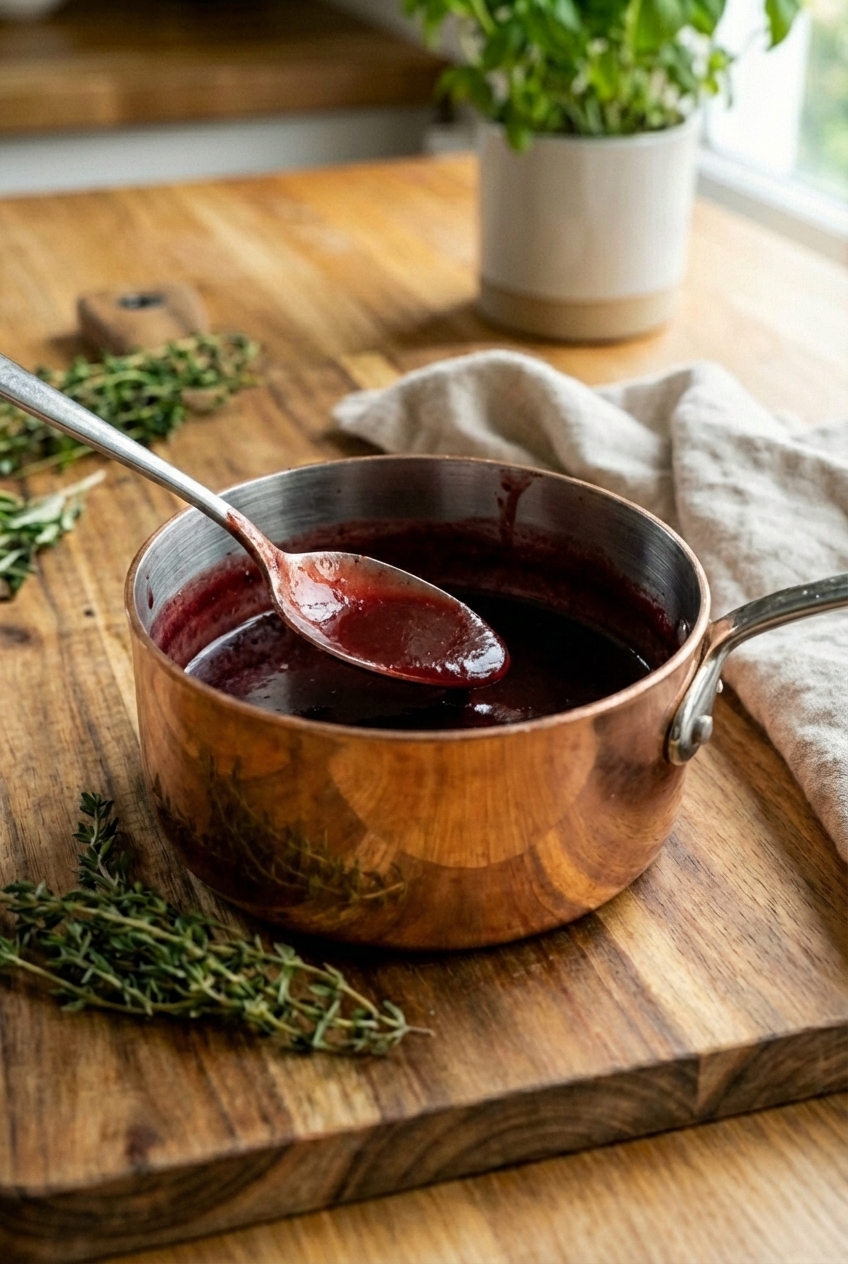 A small saucepan of glossy red wine sauce with a spoon