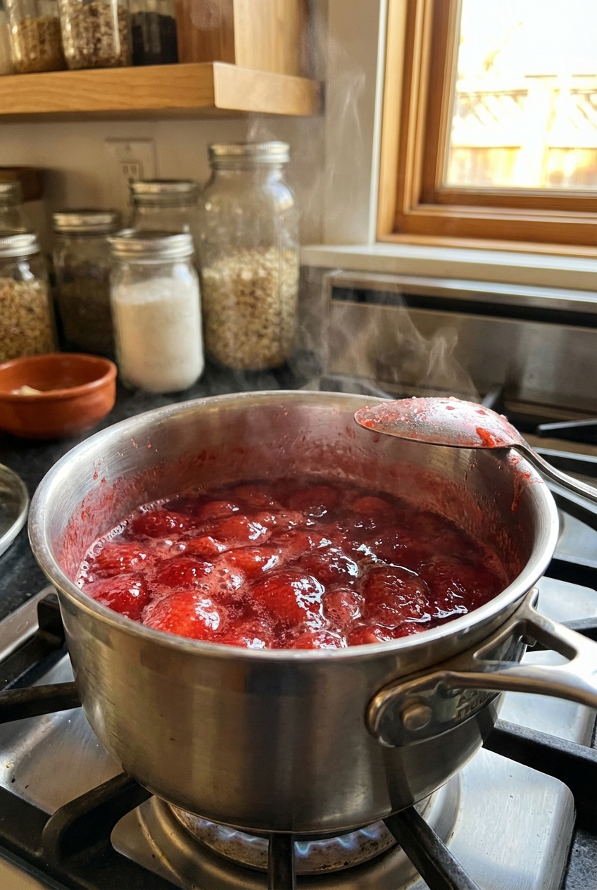 A small saucepan of glossy strawberry compote simmering on a stovetop with a spoon resting on the rim