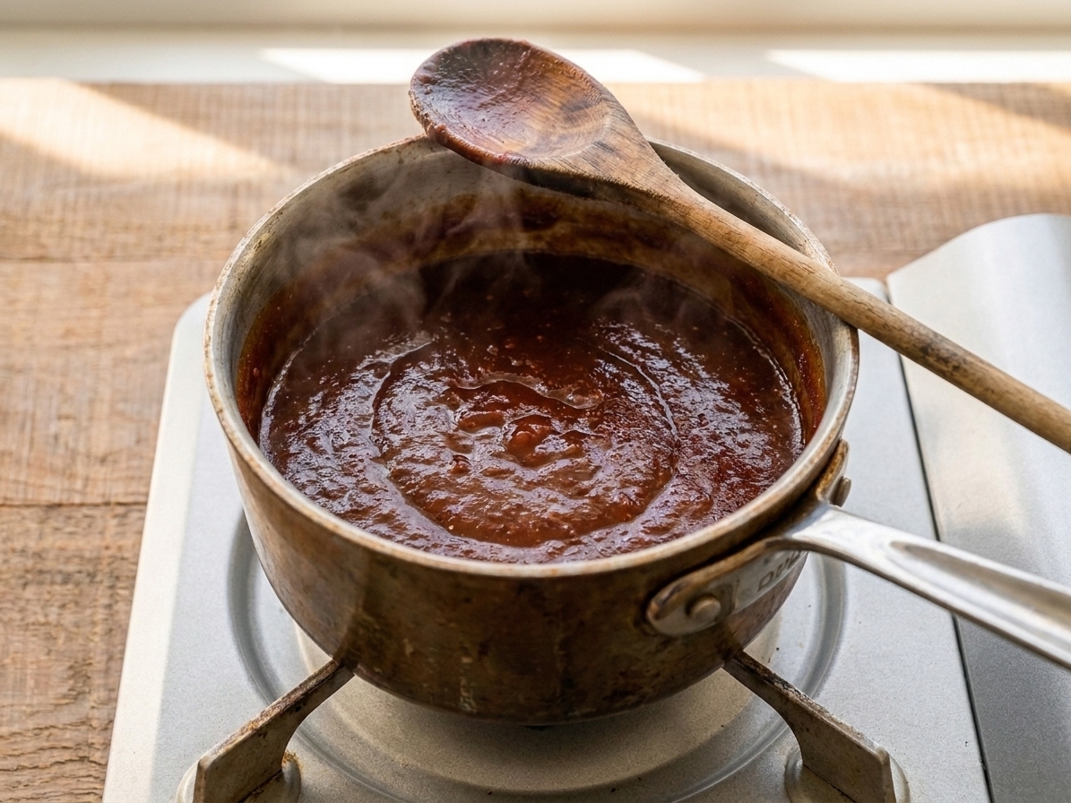 A small saucepan of homemade BBQ sauce simmering on a stovetop with a wooden spoon resting on the rim