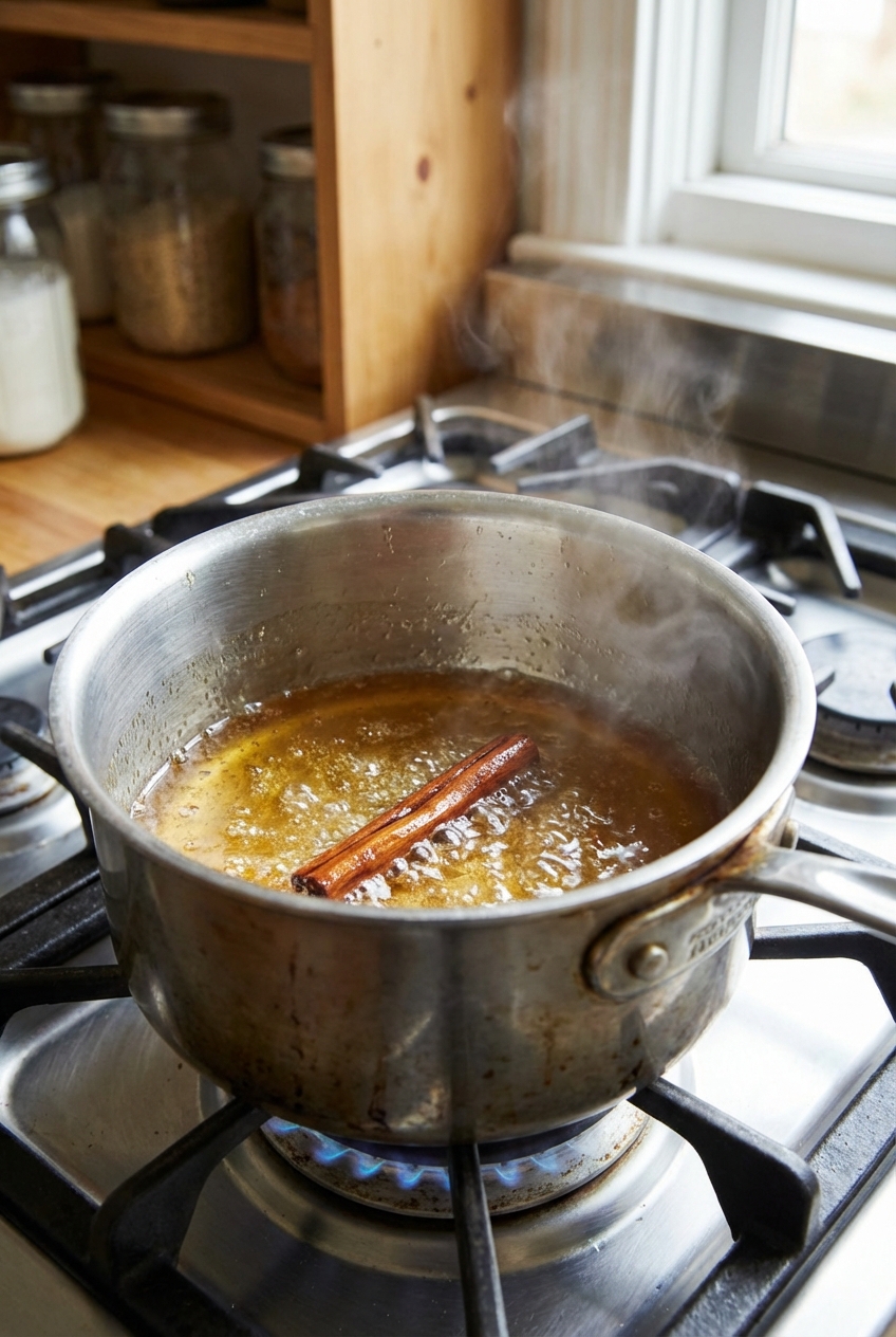A small saucepan of honey syrup simmering with a cinnamon stick on a stovetop