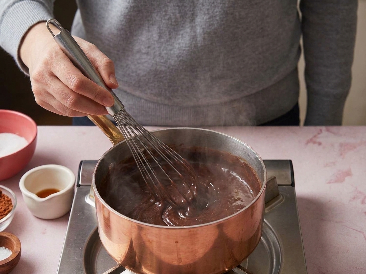 A small saucepan of hot cocoa being whisked as steam rises