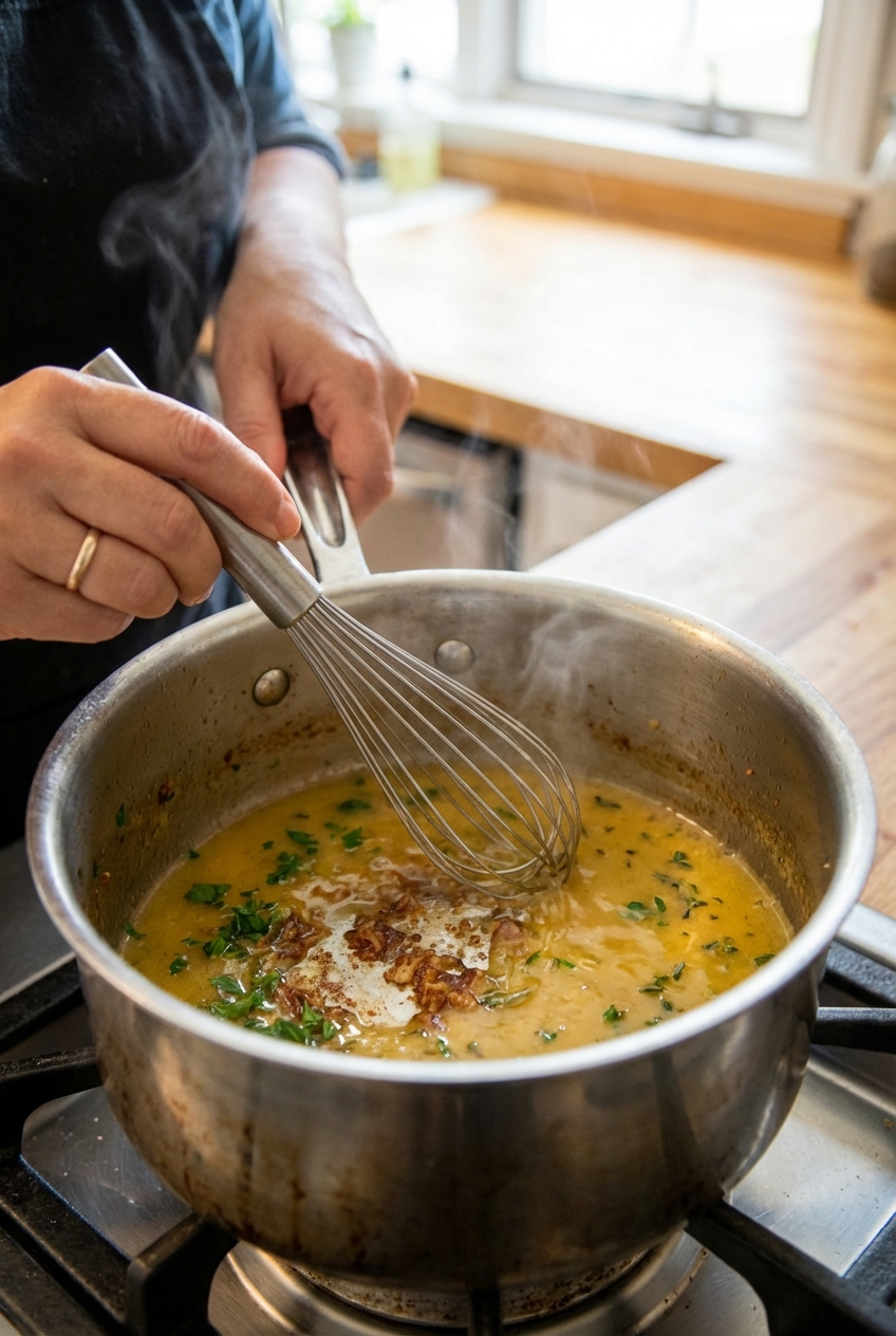 A small saucepan of lemon-herb pan sauce being whisked, with browned bits visible