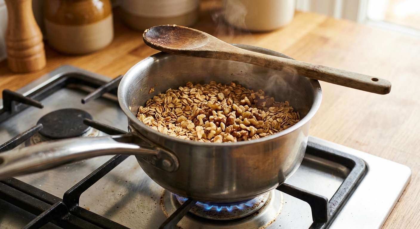 A small saucepan of lightly toasted oats and chopped walnuts warming on a stovetop, with a wooden spoon resting on the rim