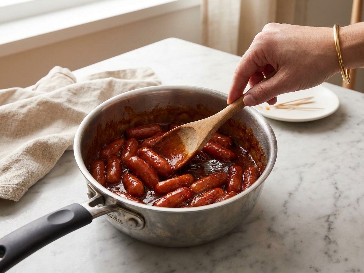 A small saucepan of lil smokies coated in a glossy sweet and tangy sauce with a wooden spoon nearby on a warm kitchen counter