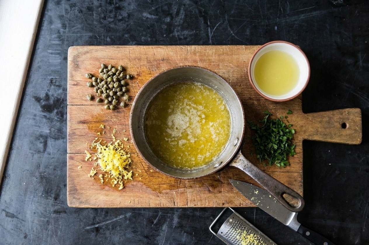 A small saucepan of melted butter beside chopped capers, lemon zest, lemon juice, and parsley arranged on a wooden cutting board