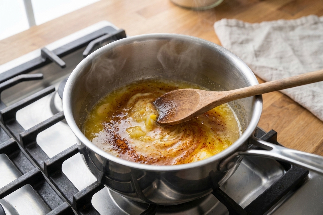 A small saucepan of melted butter mixed with Old Bay seasoning and lemon juice on a stovetop