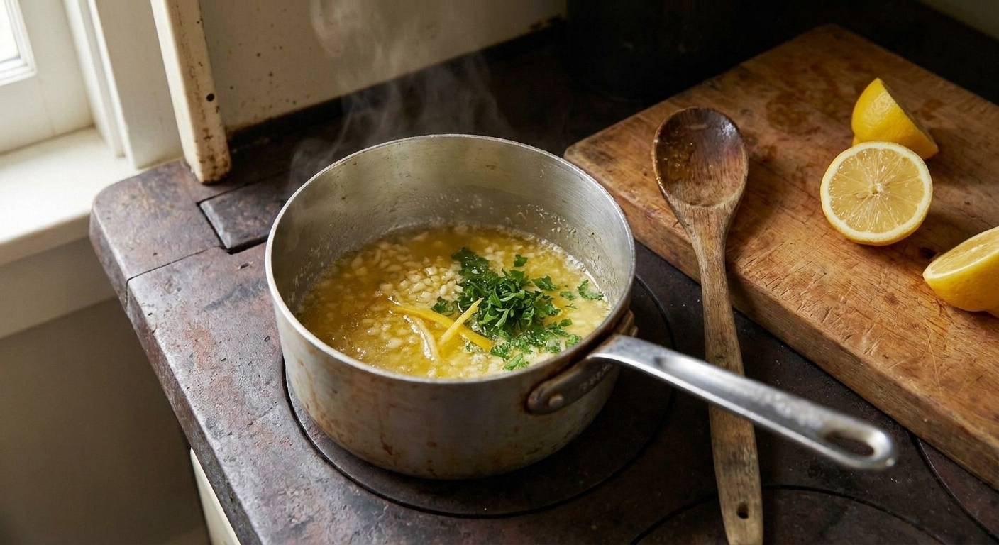 A small saucepan of melted garlic lemon butter with parsley on a stovetop next to a wooden spoon and a cut lemon