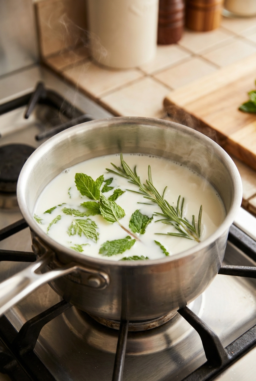 A small saucepan of milk with fresh mint and rosemary sprigs steeping, with gentle steam rising on a stovetop