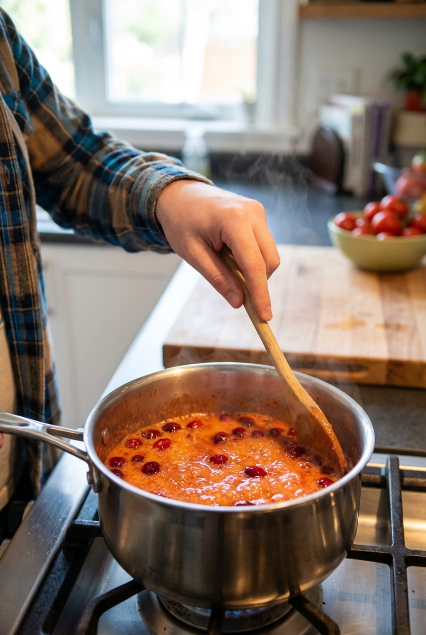 A small saucepan of orange-cranberry glaze being stirred with a wooden spoon