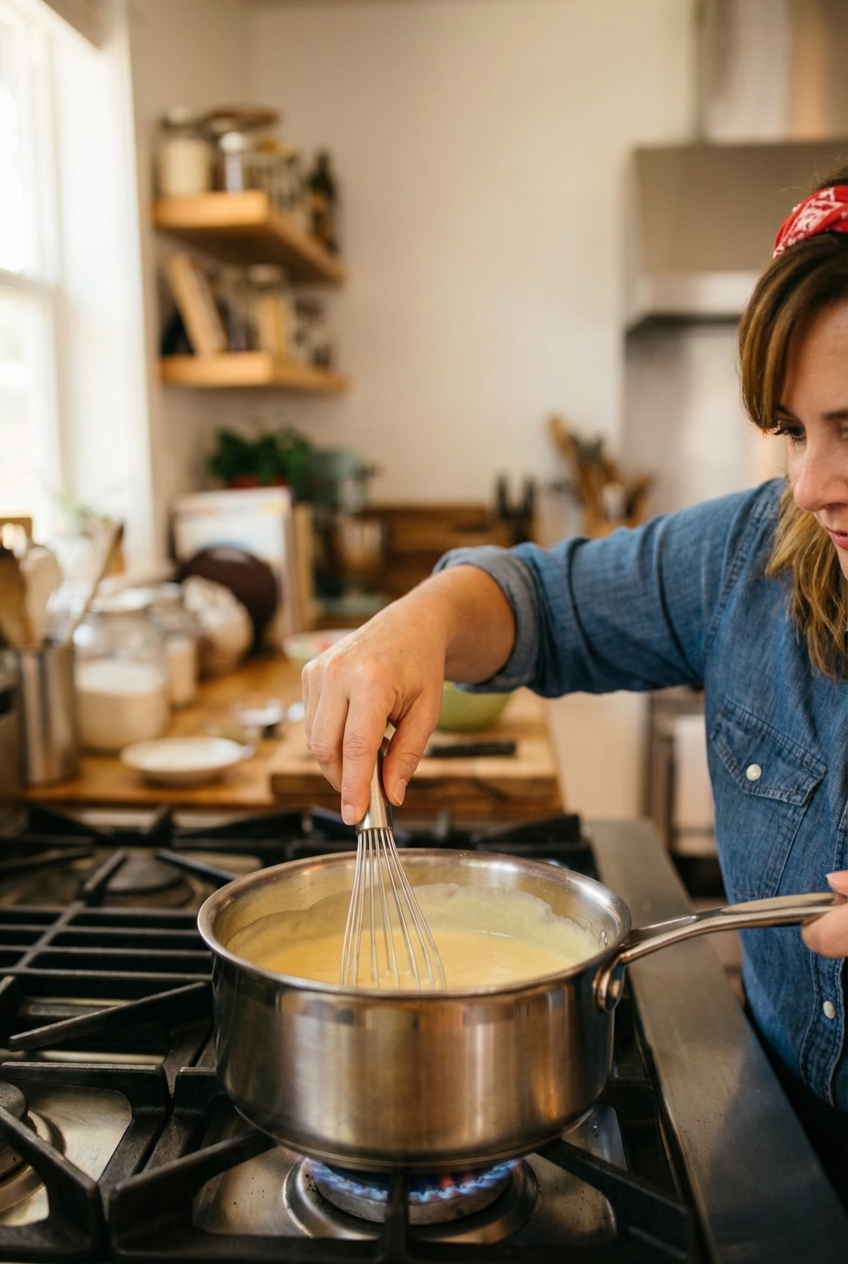 A small saucepan of pale vanilla custard sauce being whisked on a stovetop
