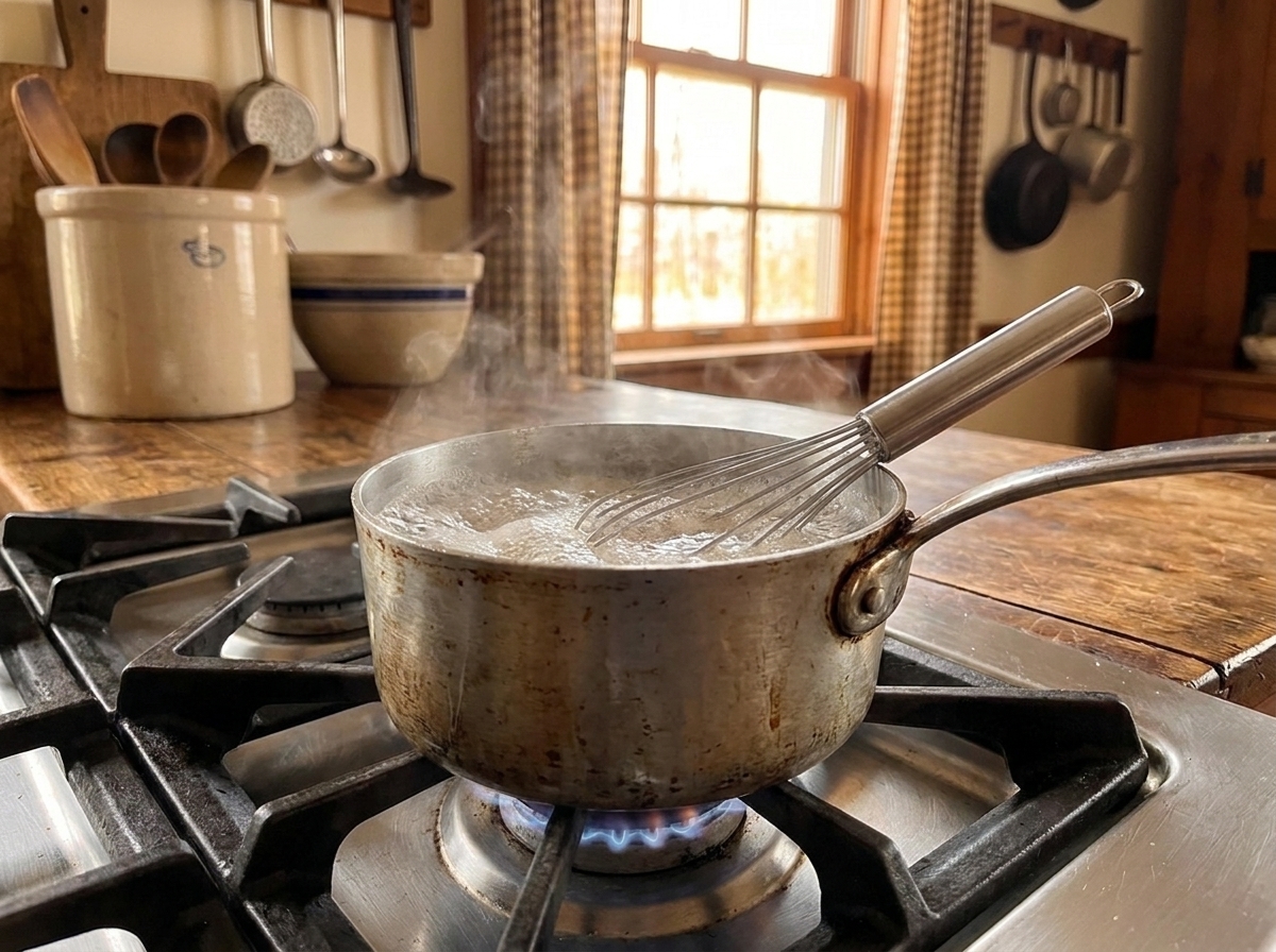 A small saucepan of pectin and water at a rolling boil on a stovetop with a whisk resting inside