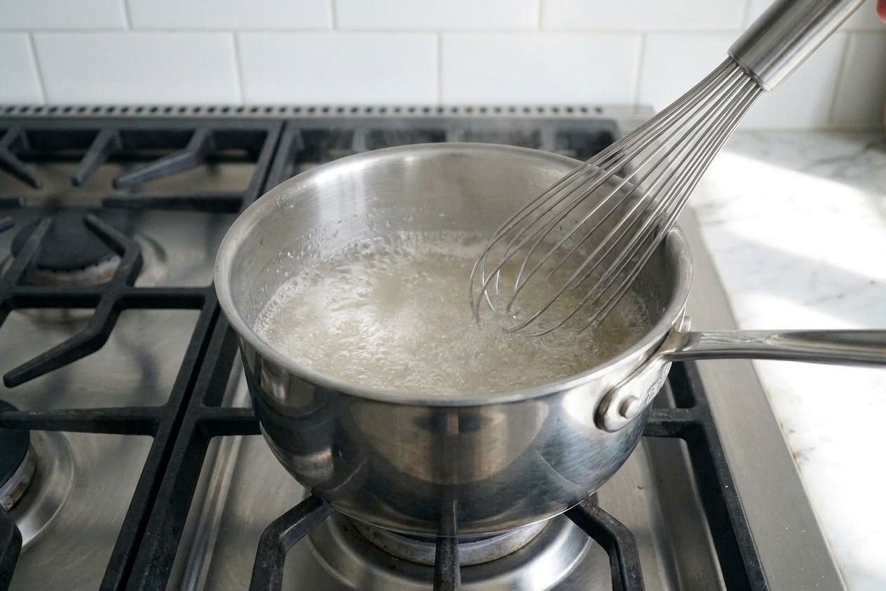 A small saucepan of pectin and water bubbling on the stove while being whisked