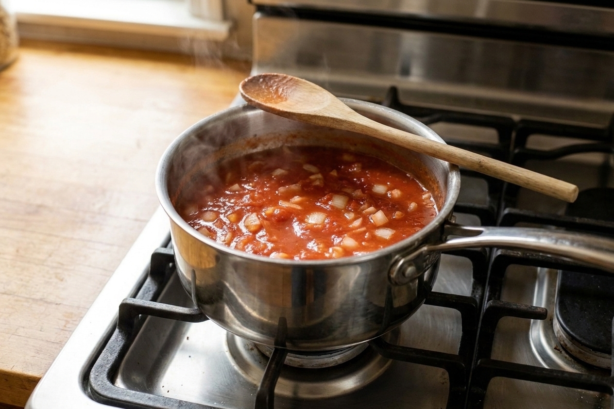 A small saucepan of red tomato sauce simmering with visible onion pieces on a stovetop, with a wooden spoon resting on the rim