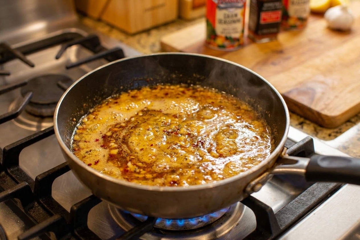 A small saucepan of seafood boil sauce simmering with visible spices swirling through melted butter on a stovetop