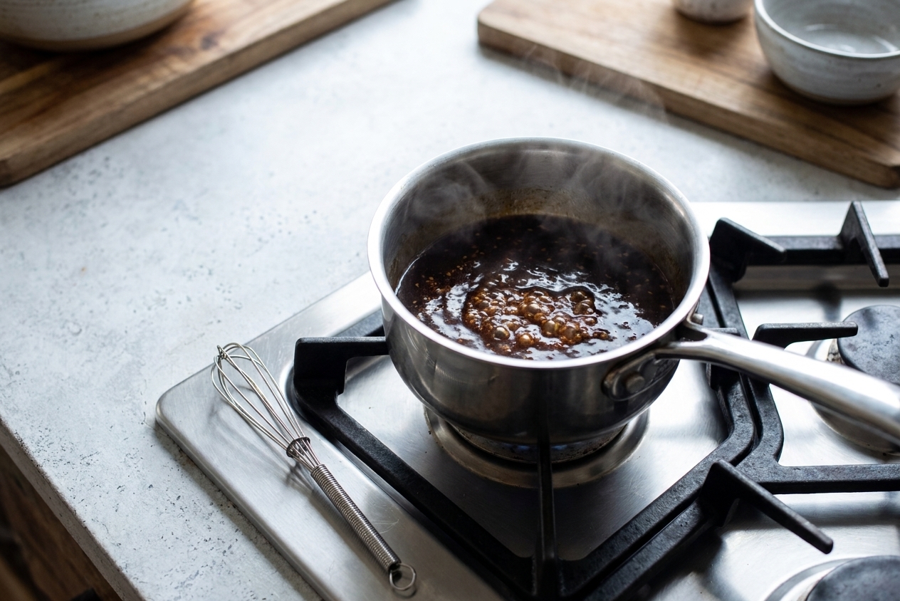 A small saucepan of sesame-soy sauce simmering on a stovetop with a whisk resting nearby