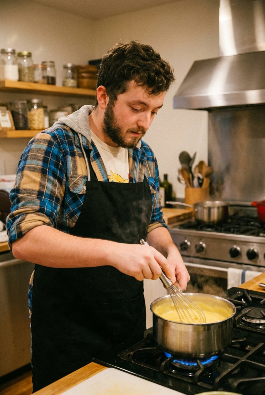 A small saucepan of silky cheese sauce being whisked on a stovetop