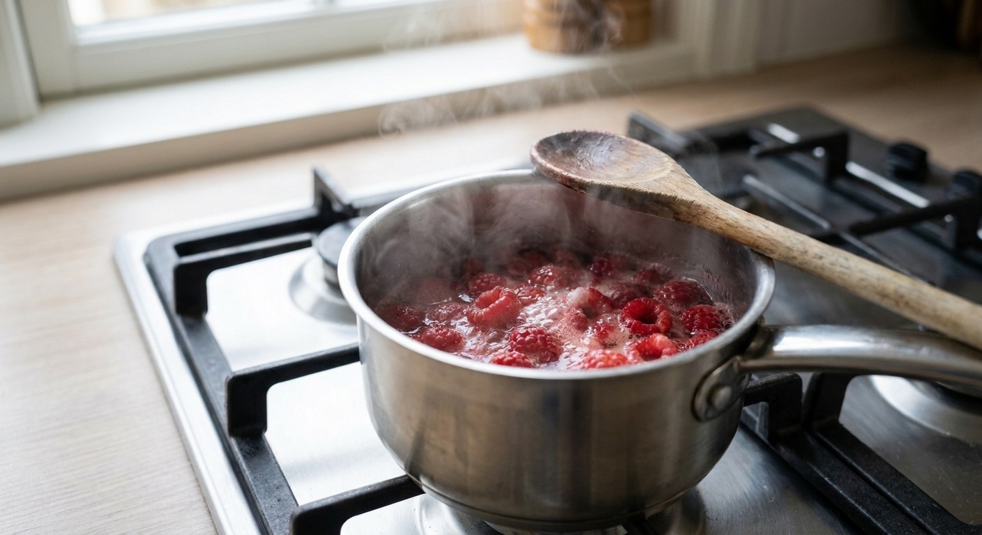 A small saucepan of simmering berries and sugar on a stove with a wooden spoon resting on the rim, steam rising in a home kitchen