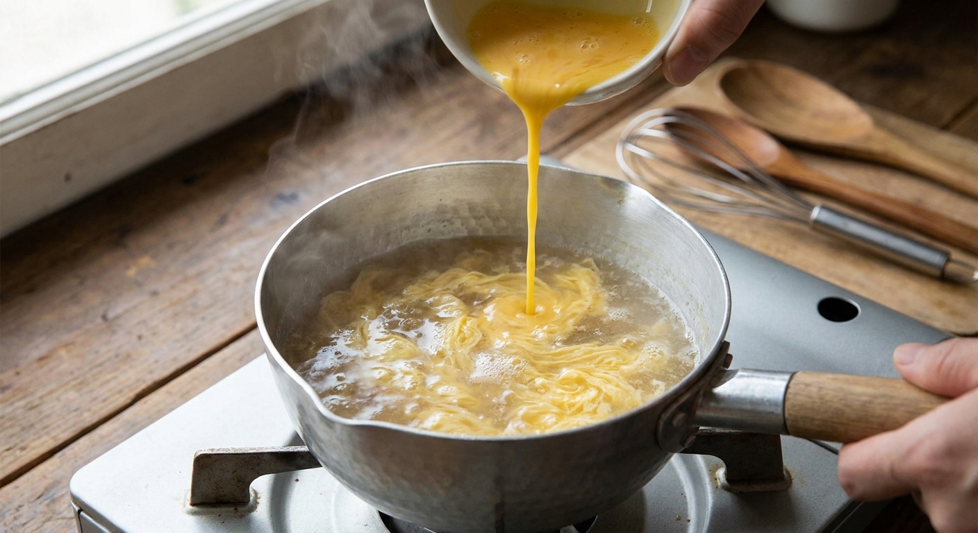 A small saucepan of simmering broth as beaten eggs are poured in a thin stream to create egg ribbons, close-up kitchen action photo