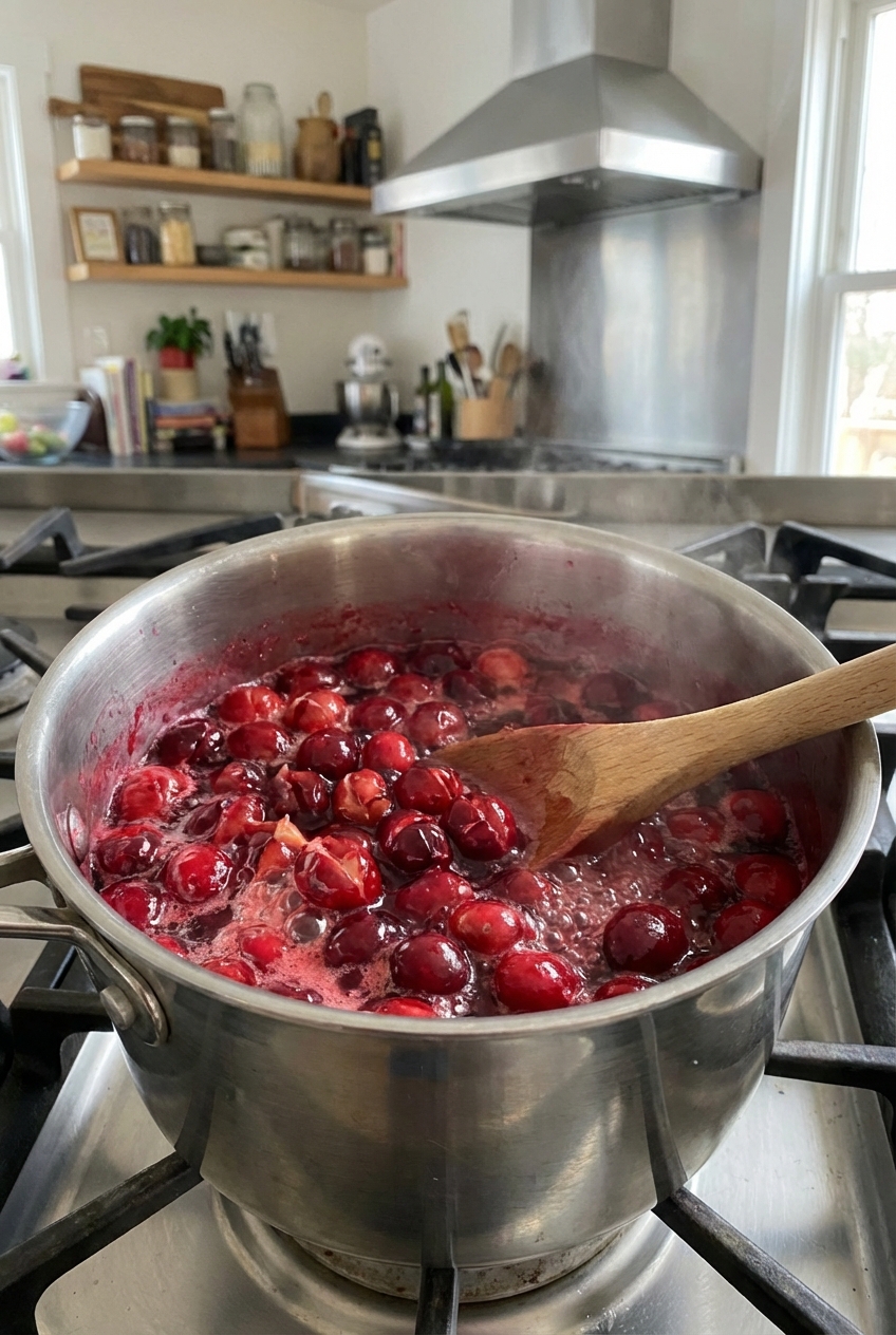 A small saucepan of simmering cranberries as they burst and turn the liquid deep red