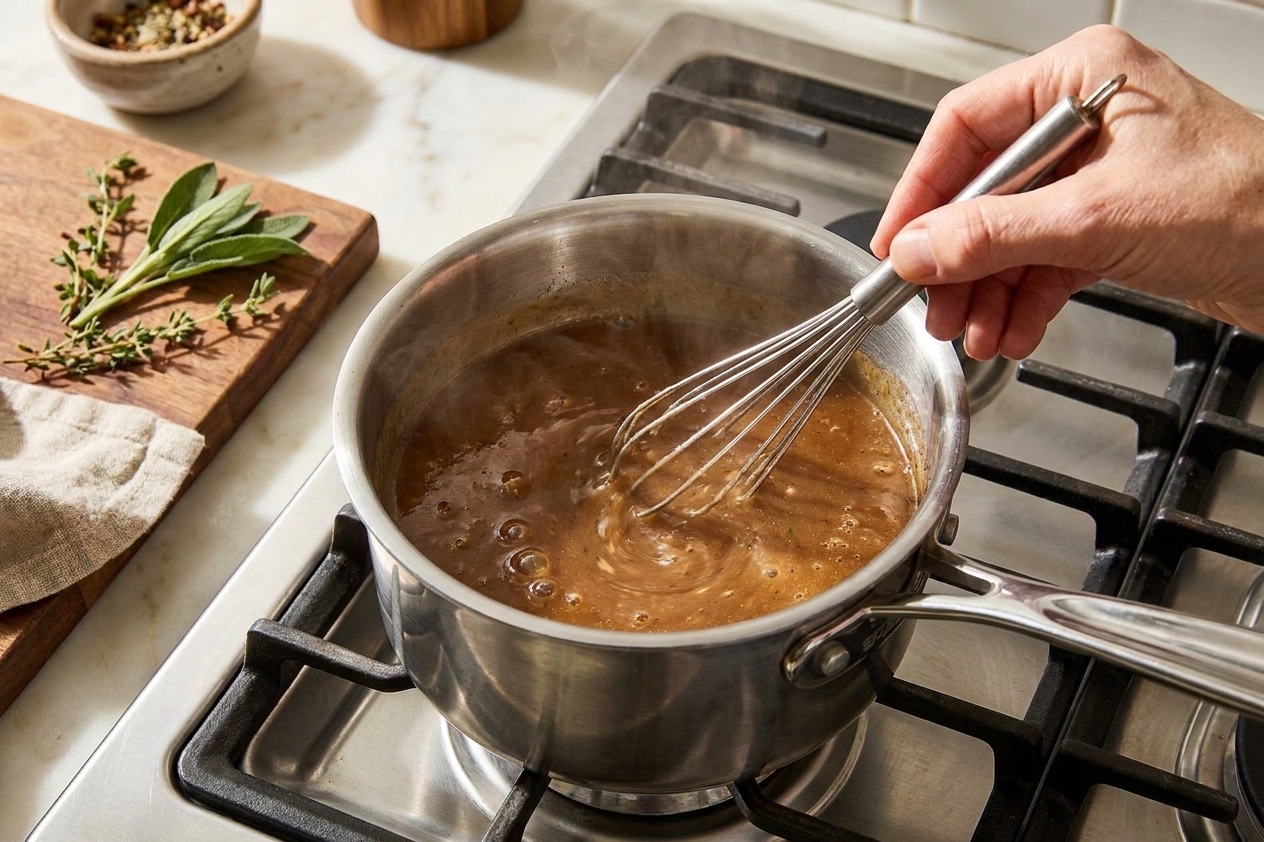 A small saucepan of simmering gravy being whisked on a stovetop