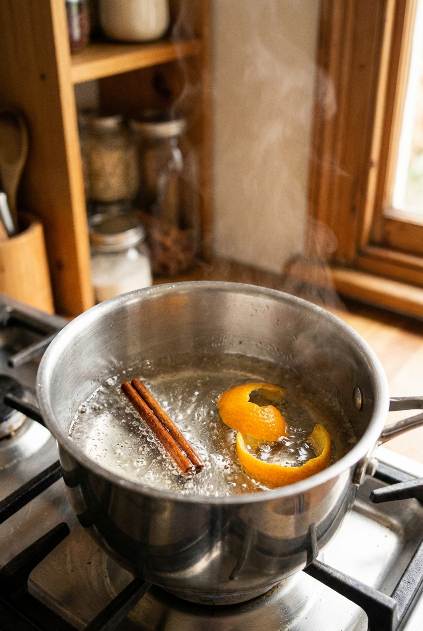 A small saucepan of simmering simple syrup with cinnamon stick and orange peel