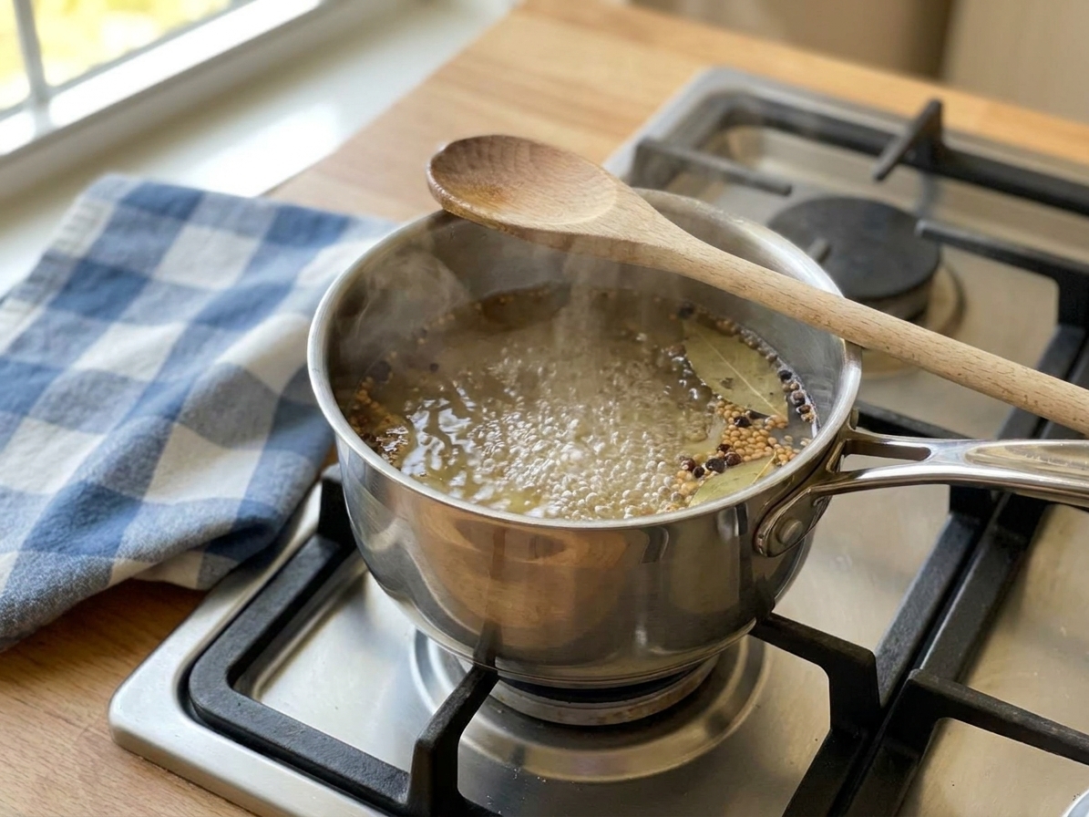 A small saucepan of simmering vinegar brine on a stovetop with a wooden spoon resting on the rim