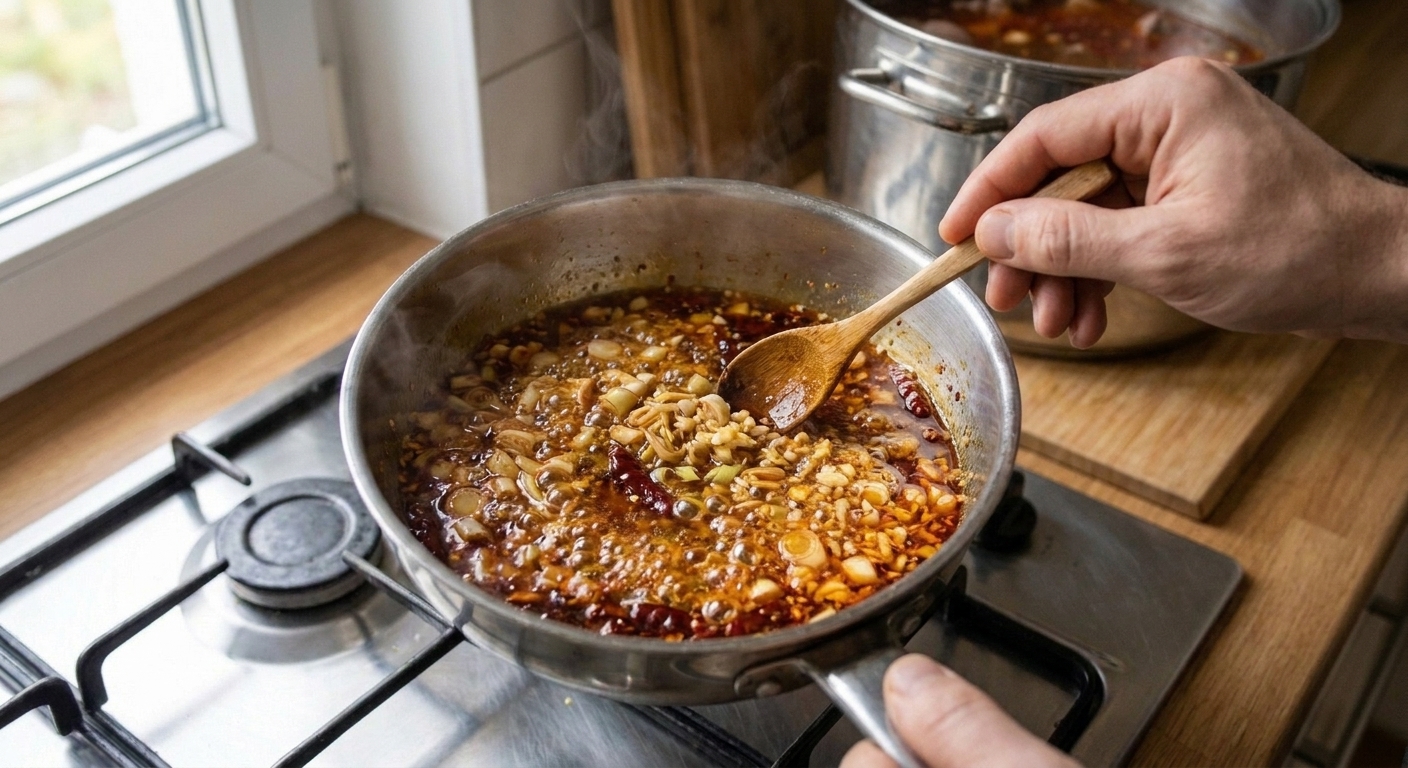 A small saucepan of sizzling chili oil with chopped lemongrass and garlic on a stovetop, warm kitchen lighting