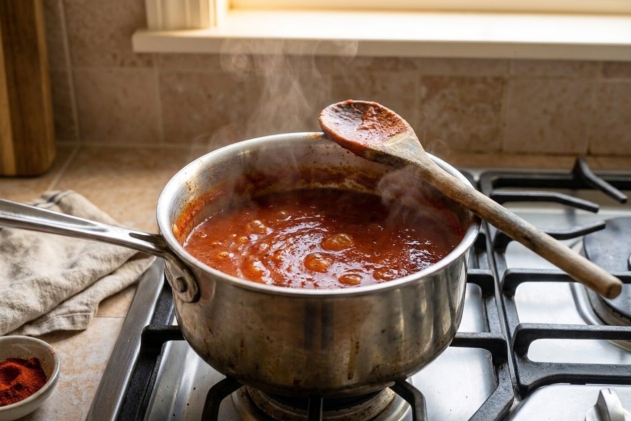 A small saucepan of smoky tomato bravas sauce simmering on a stovetop with a wooden spoon resting on the rim