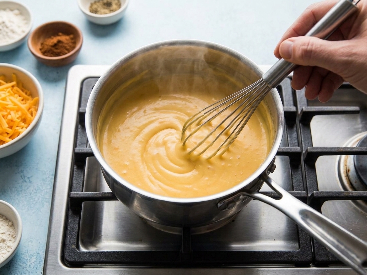 A small saucepan of smooth cheese sauce being whisked on a stovetop with steam rising
