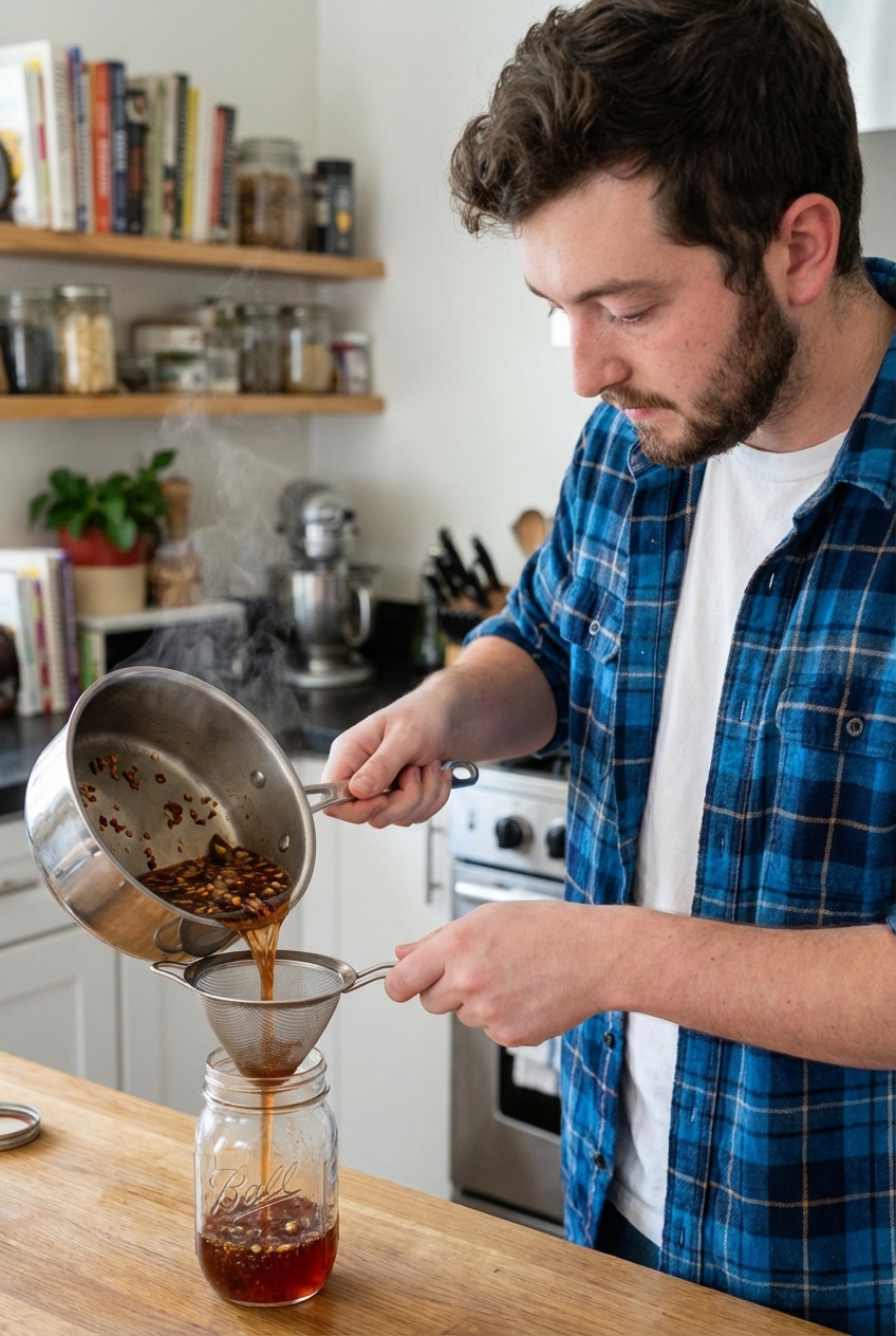 A small saucepan of spicy simple syrup being poured through a fine mesh strainer into a glass jar on a countertop