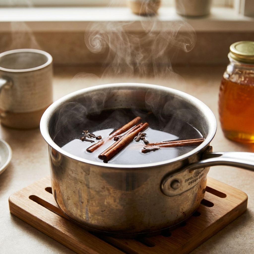 A small saucepan of steaming spiced tea with cinnamon and cloves floating on the surface