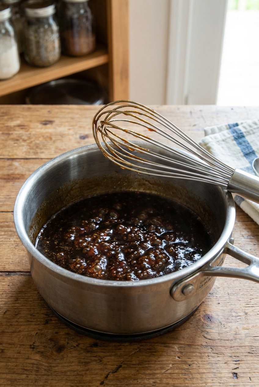 A small saucepan of teriyaki sauce simmering with a whisk resting on the rim on a wooden countertop