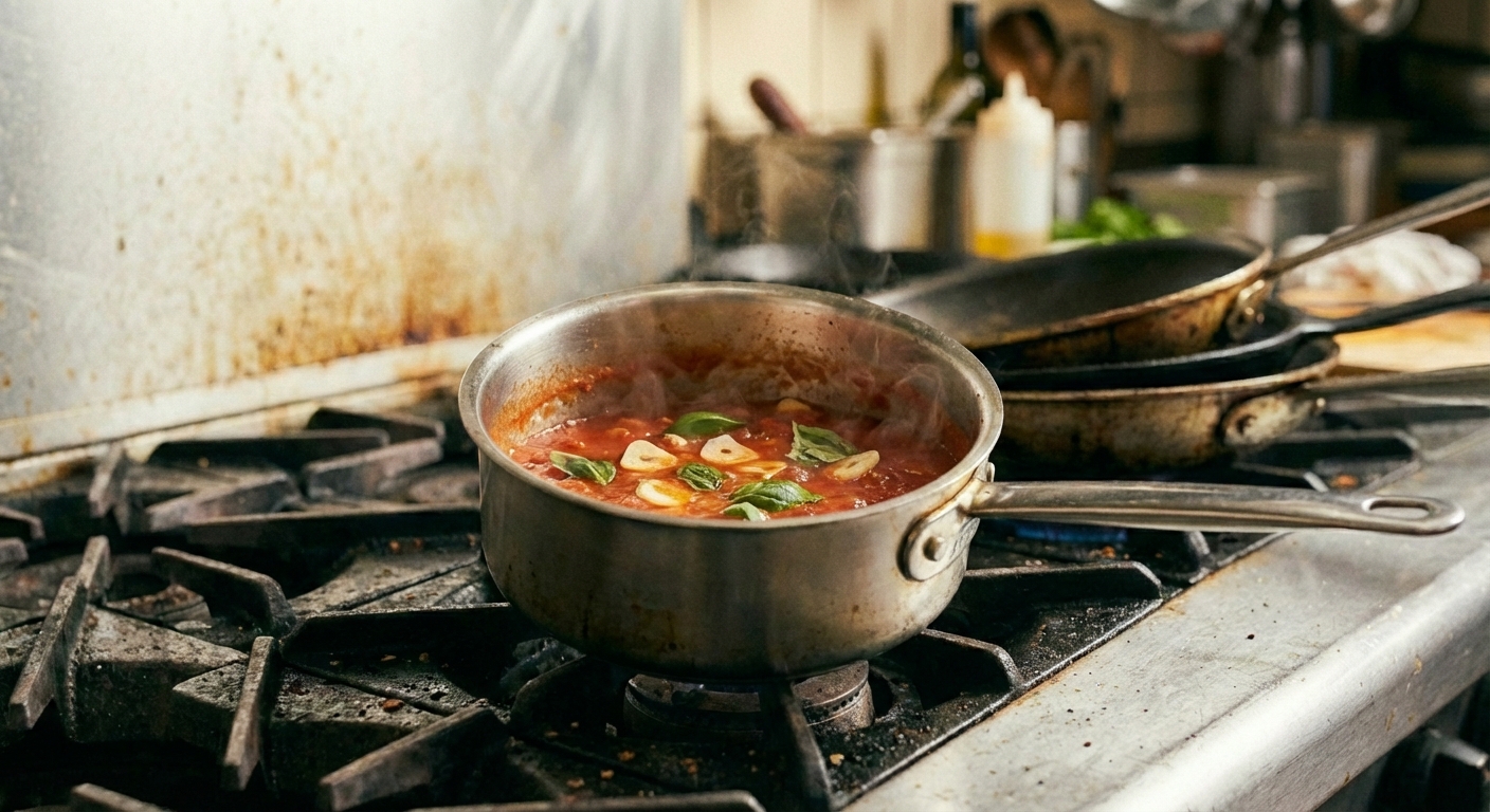 A small saucepan of tomato sauce simmering with visible garlic slices and basil leaves