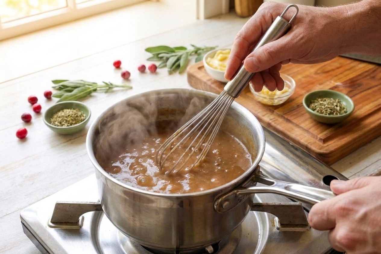 A small saucepan of turkey gravy being whisked on a stovetop with steam rising in a warm home kitchen