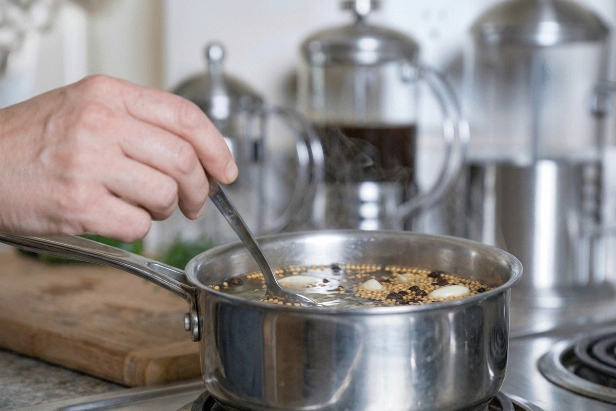 A small saucepan of vinegar brine being stirred on a stovetop with steam just beginning to rise