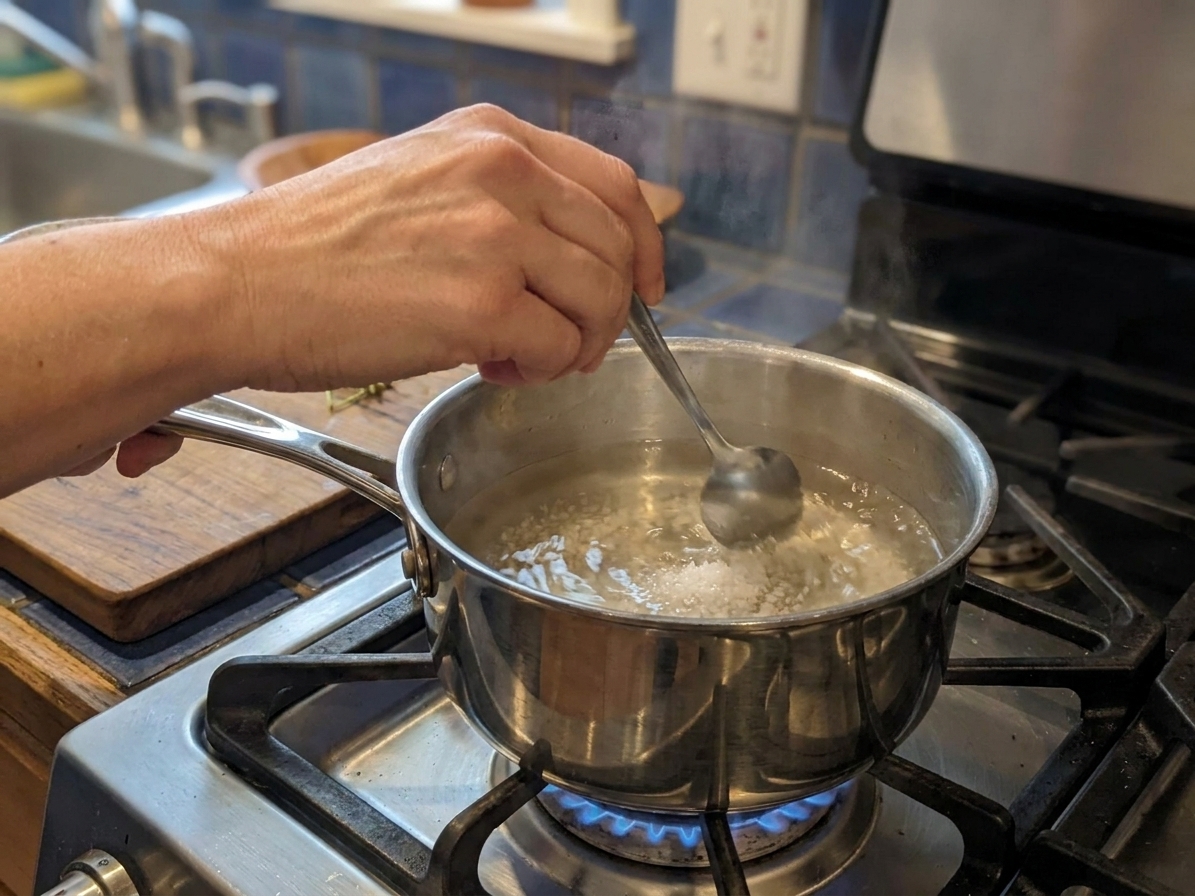 A small saucepan of vinegar brine heating on a stovetop with a spoon stirring as the salt dissolves
