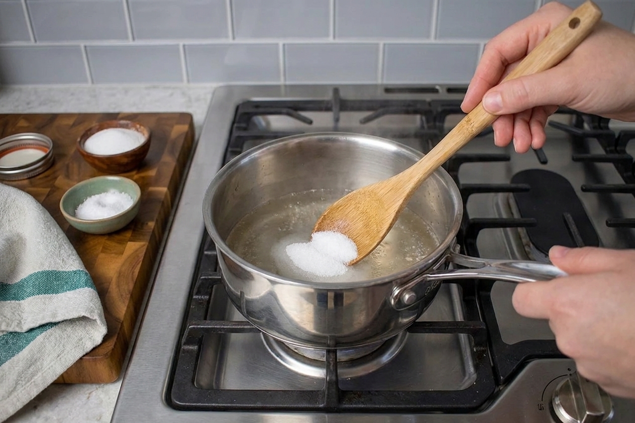 A small saucepan of vinegar brine on a stovetop with a spoon stirring in salt and sugar