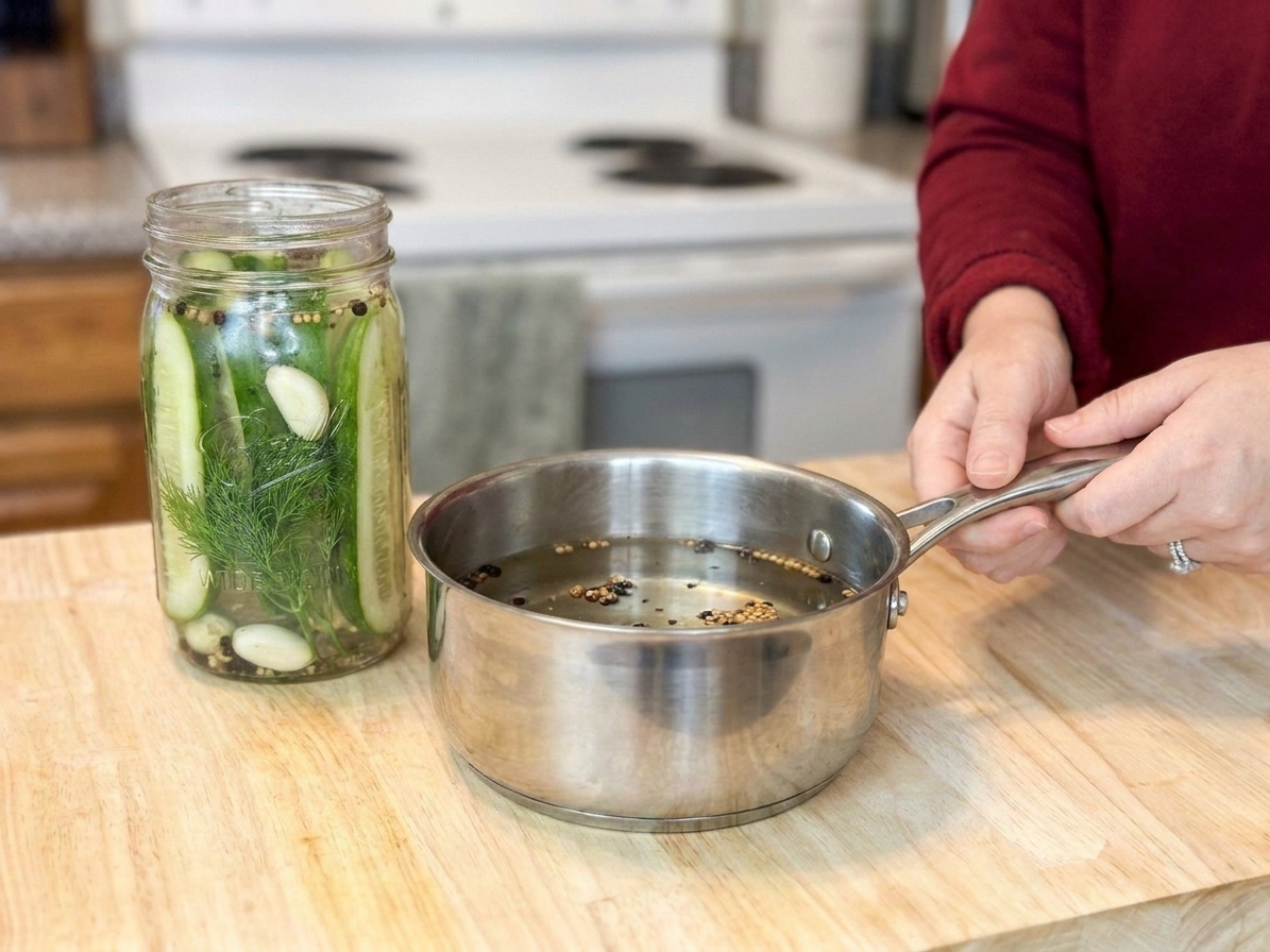 A small saucepan of vinegar brine ready to be poured over cucumbers