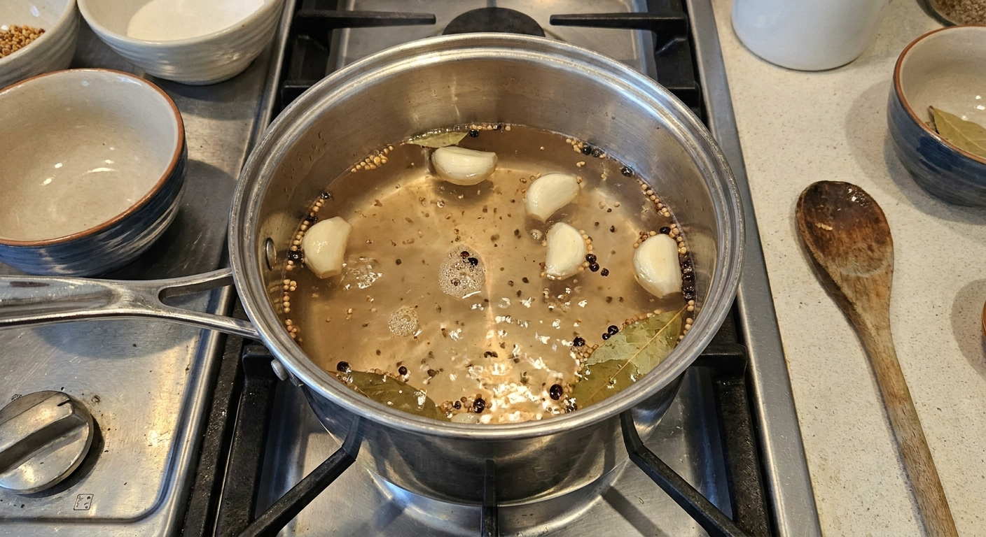 A small saucepan of vinegar brine with garlic cloves and pickling spices gently simmering on a stovetop