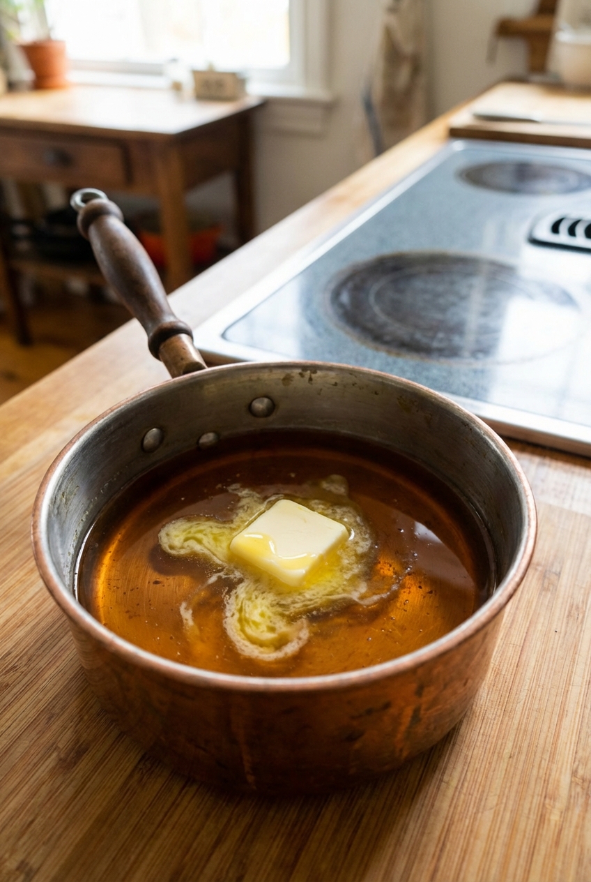 A small saucepan of warm maple syrup with a pat of butter melting