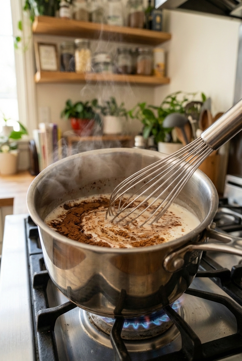 A small saucepan on a stove as cocoa and spices are whisked into warm milk