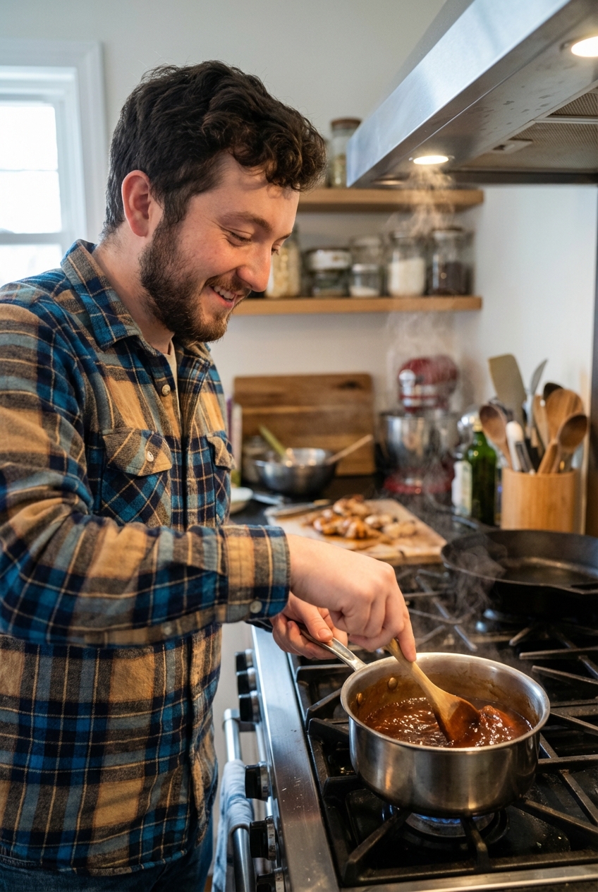 A small saucepan on a stove with a dark glossy wing glaze simmering and a wooden spoon stirring