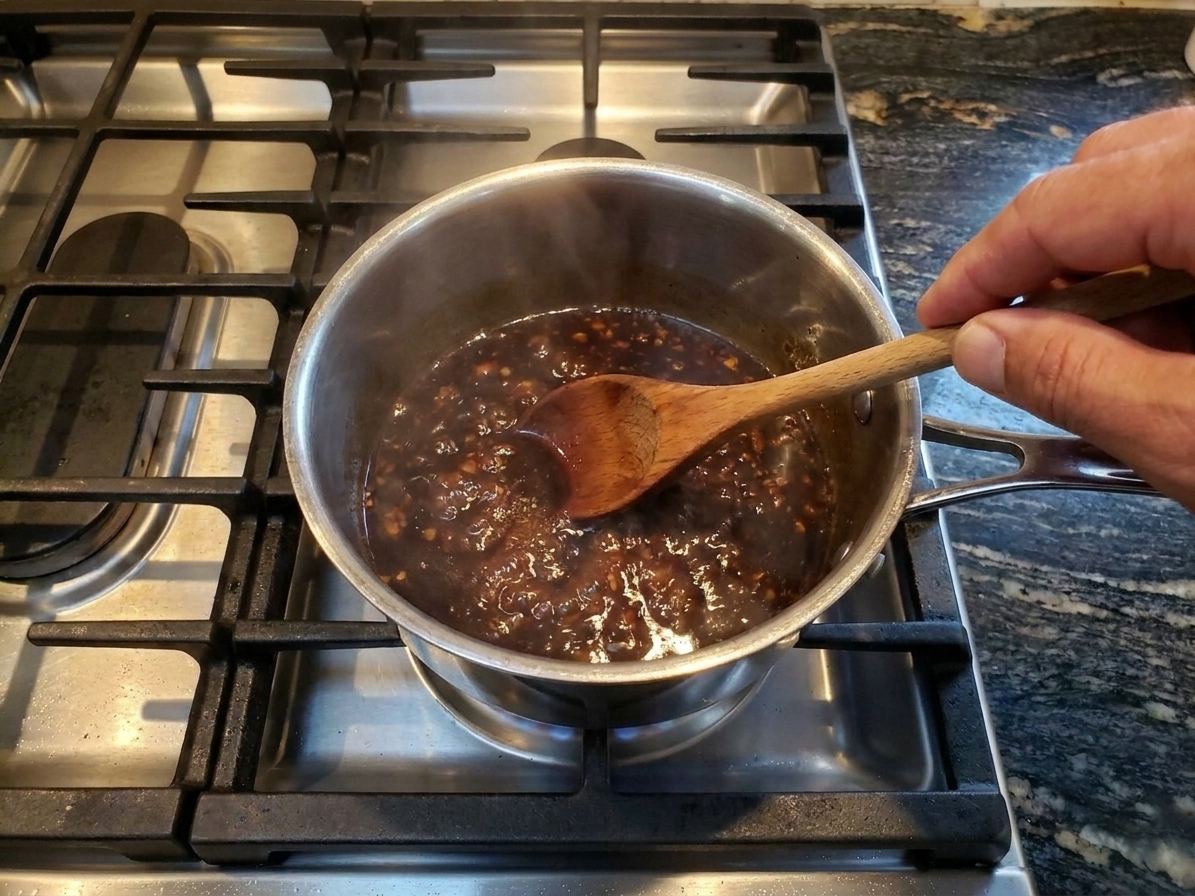 A small saucepan on a stove with a dark soy-honey glaze simmering as a spoon stirs it