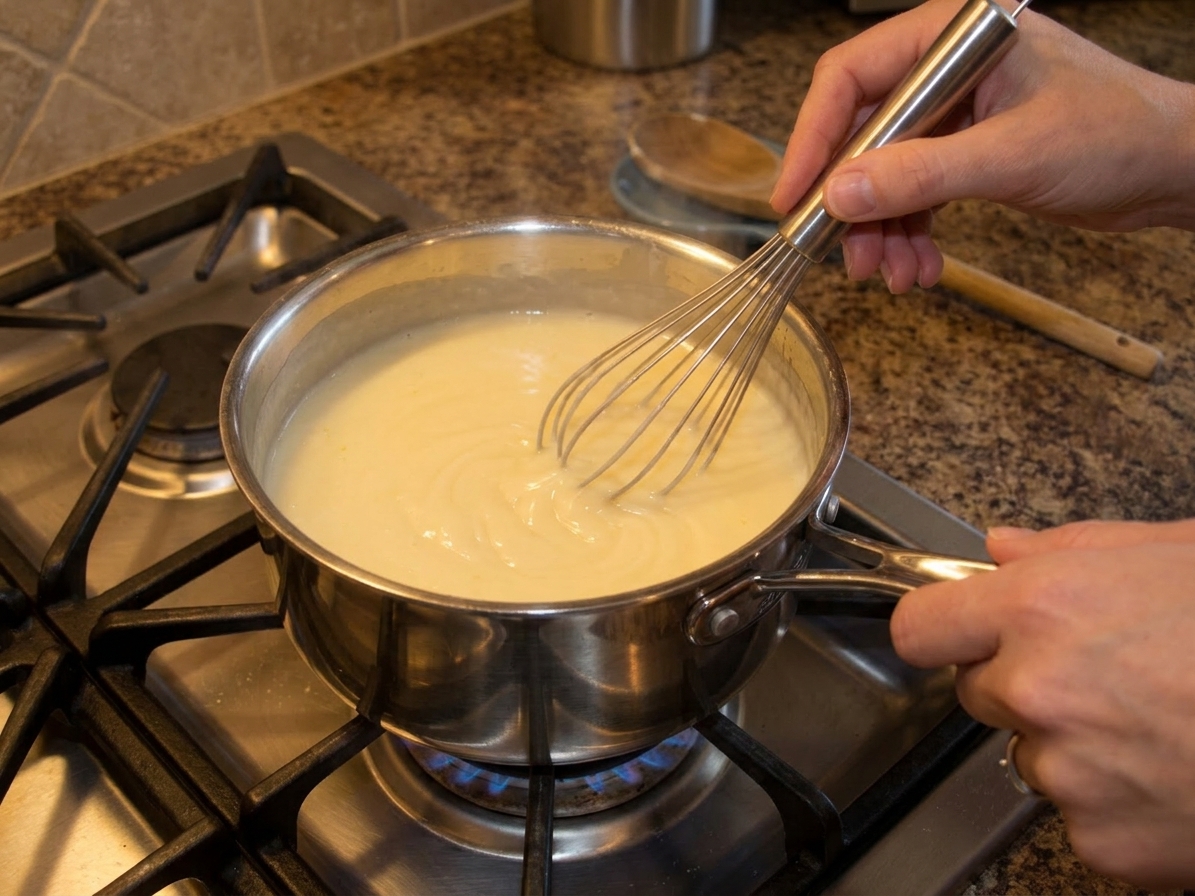 A small saucepan on a stove with a pale vanilla gelatin mixture being whisked until smooth, warm kitchen lighting