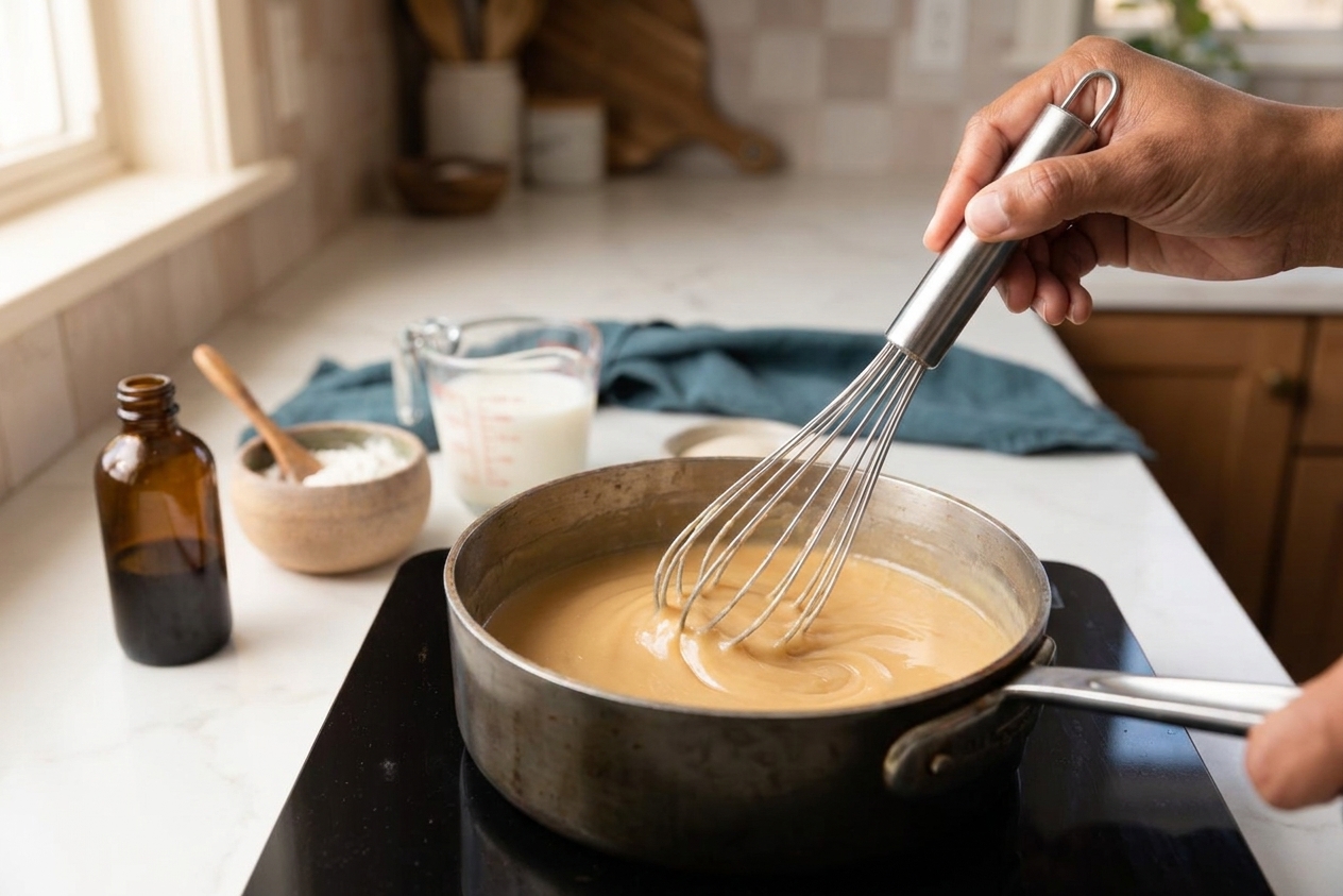A small saucepan on a stove with a smooth, glossy vanilla flour-and-milk paste being whisked in a warm home kitchen